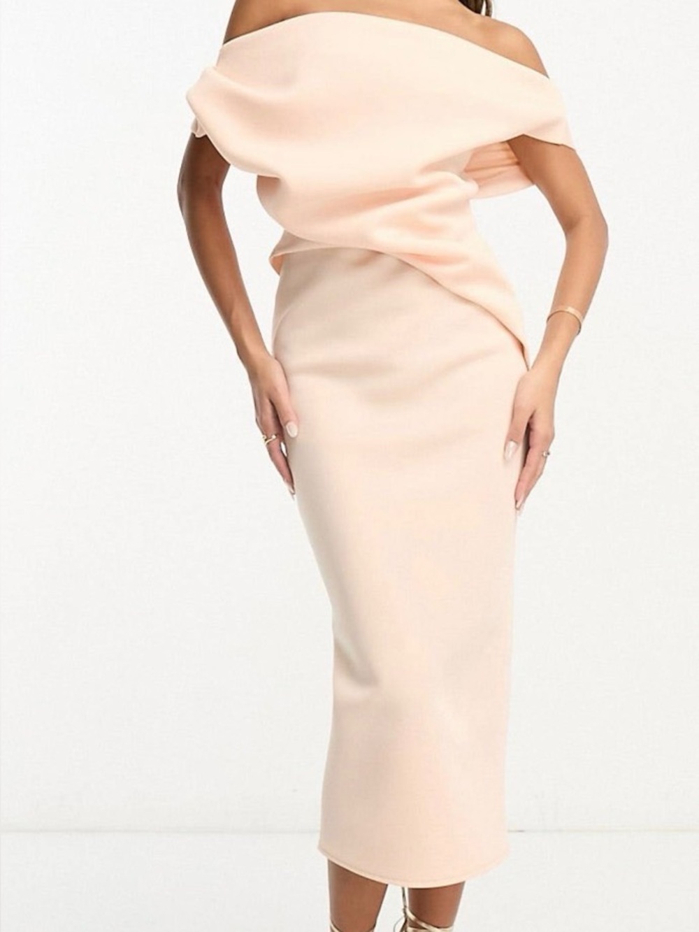 ASOS DESIGN off shoulder pleat waist detail pencil midi dress in blush pink.